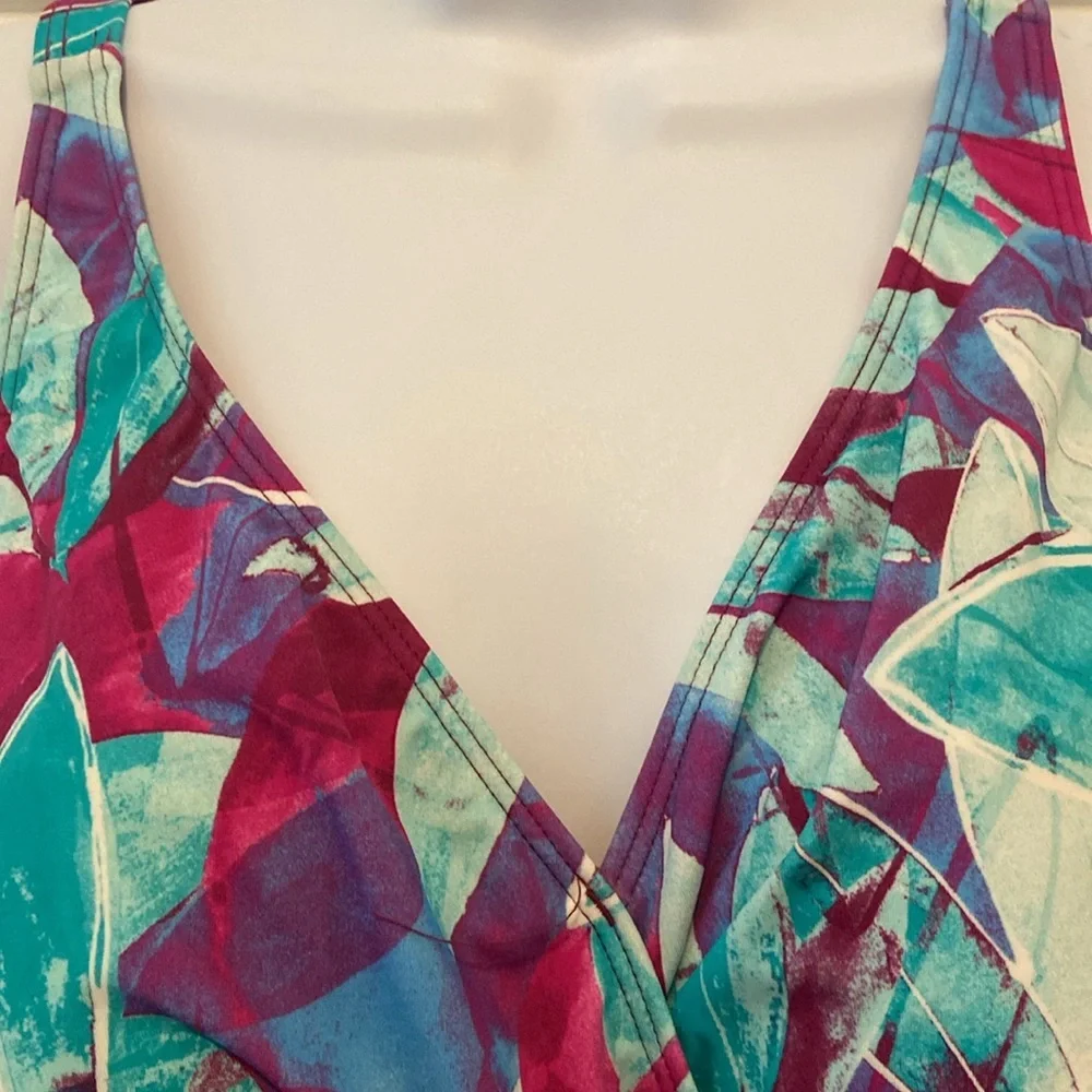 Denim & Co. Beach V Neck Handkerchief Hem Swim Dress Aqua Abstract Palm 10 New - Picture 9 of 15